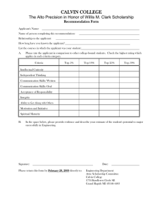 CALVIN COLLEGE  Recommendation Form