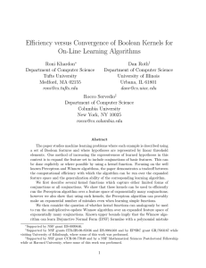 Efficiency versus Convergence of Boolean Kernels for On-Line Learning Algorithms