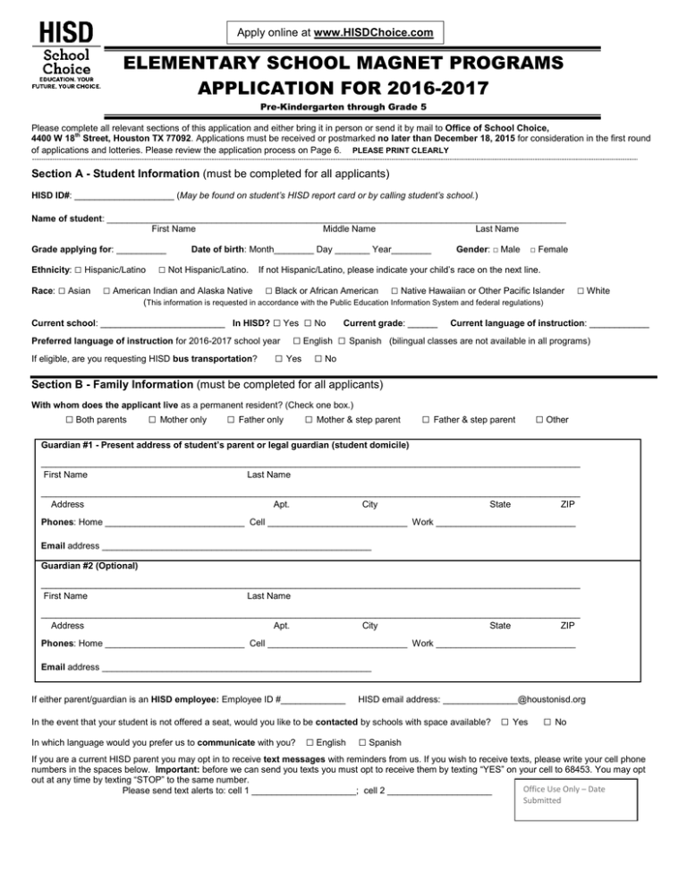 ELEMENTARY SCHOOL MAGNET PROGRAMS APPLICATION FOR 2016 2017