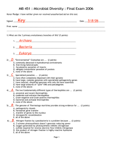 Key MB 451 : Microbial Diversity : Final Exam 2006 5/8/06