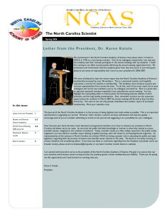 The North Carolina Scientist Letter from the President, Dr. Karen Katula