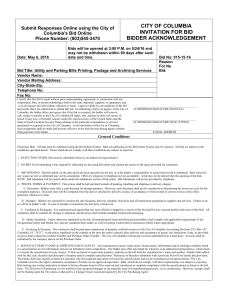 CITY OF COLUMBIA INVITATION FOR BID BIDDER ACKNOWLEDGEMENT