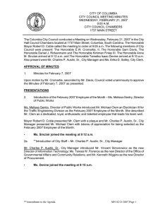 CITY OF COLUMBIA CITY COUNCIL MEETING MINUTES WEDNESDAY, FEBRUARY 21, 2007