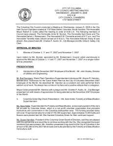 CITY OF COLUMBIA  CITY COUNCIL MEETING MINUTES WEDNESDAY, JANUARY 9, 2008
