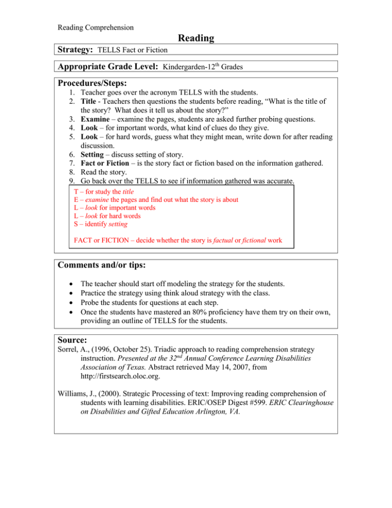 Reading Strategy Appropriate Grade Level 