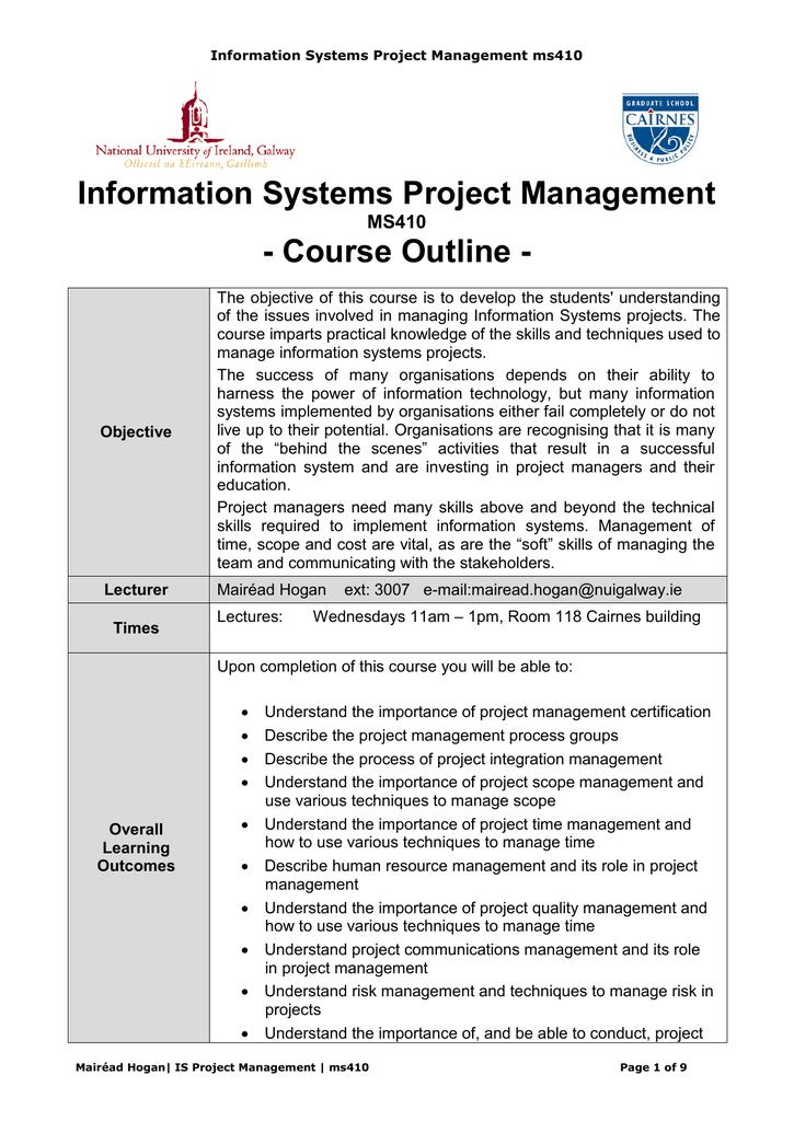 Information Systems Project Management Course Outline MS410