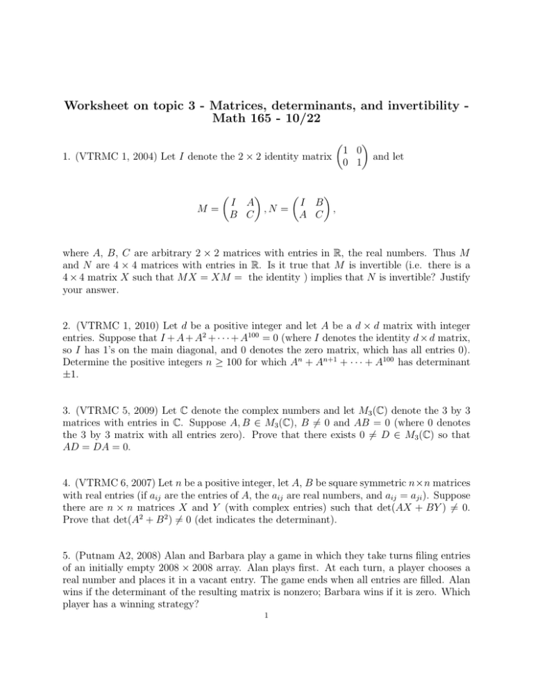 Worksheet On Topic 3 Matrices Determinants And Invertibility