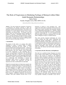 The Role of Forgiveness in Mediating Feelings of Betrayal within... Adult Romantic Relationships Bailey Patton Faculty: Douglas Crews, PhD, MSW, M. Div.