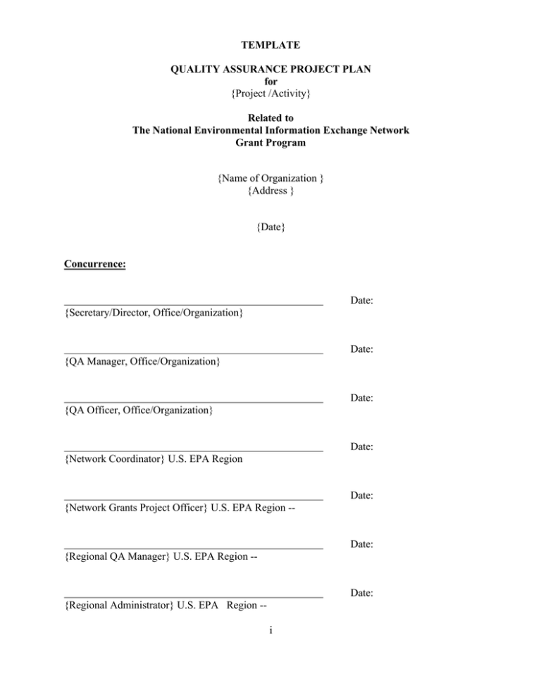  Project Activity TEMPLATE QUALITY ASSURANCE PROJECT PLAN For