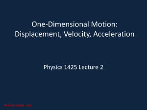 One-Dimensional Motion: Displacement, Velocity, Acceleration Physics 1425 Lecture 2 Michael Fowler,  UVa