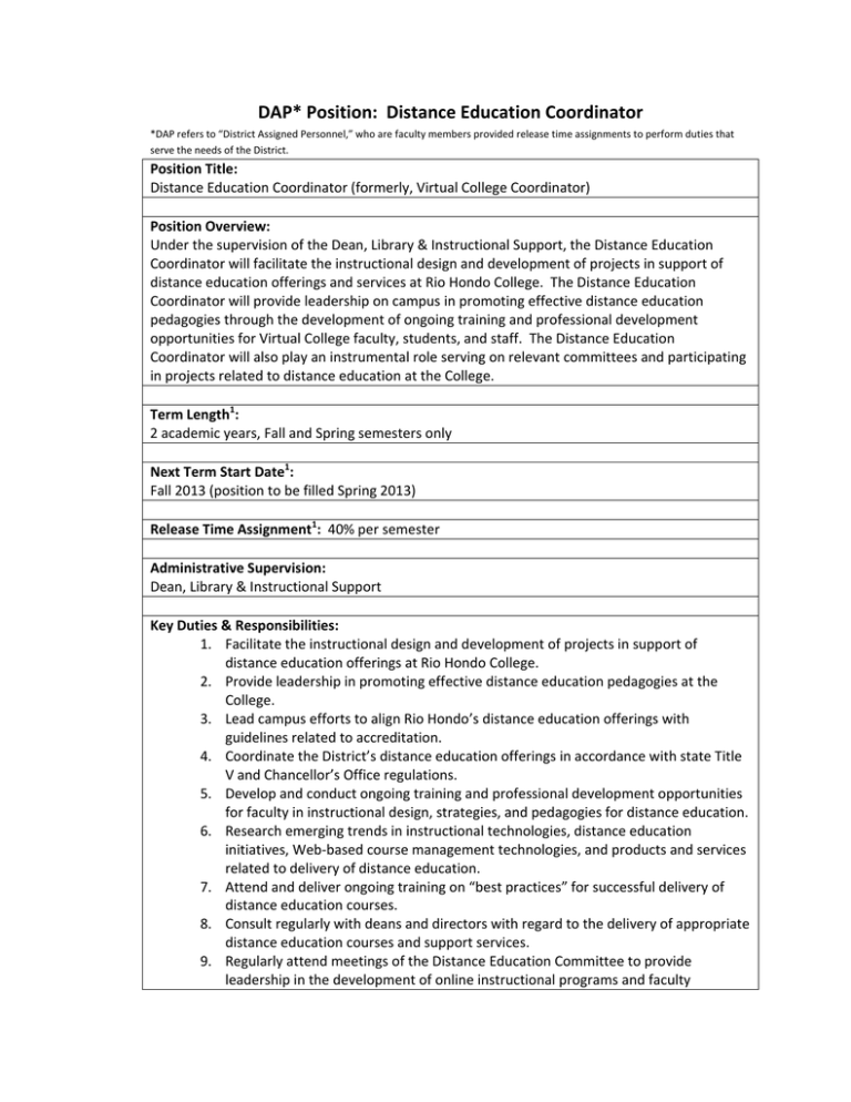 Distance Education Coordinator Job Description