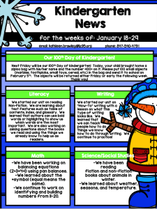 Kindergarten  News for the weeks of: January 18-29