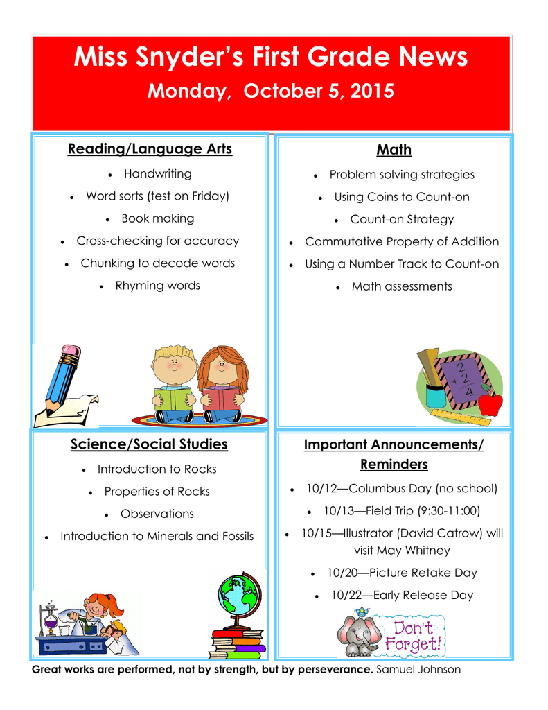 Miss Snyder S First Grade News Monday October 5 15 Reading Language Arts Math