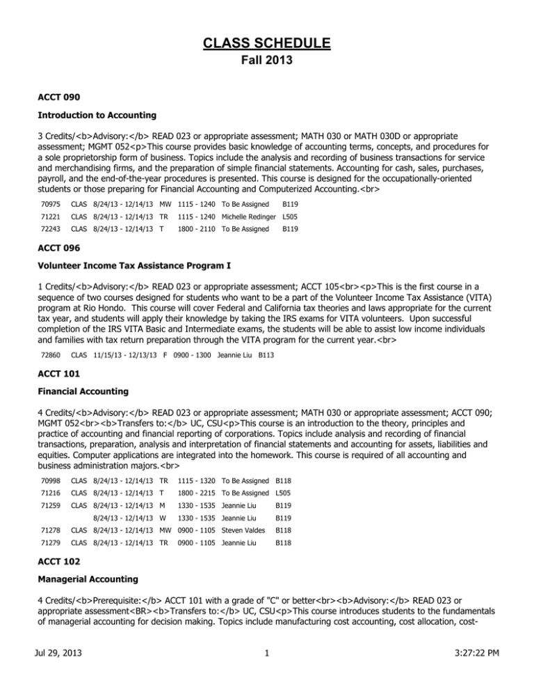 CLASS SCHEDULE Fall 2013 CLASS SCHEDULE Fall 2013