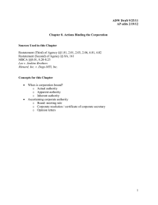 ADW Draft 9/25/11 AP edits 2/19/12  Chapter 8. Actions Binding the Corporation