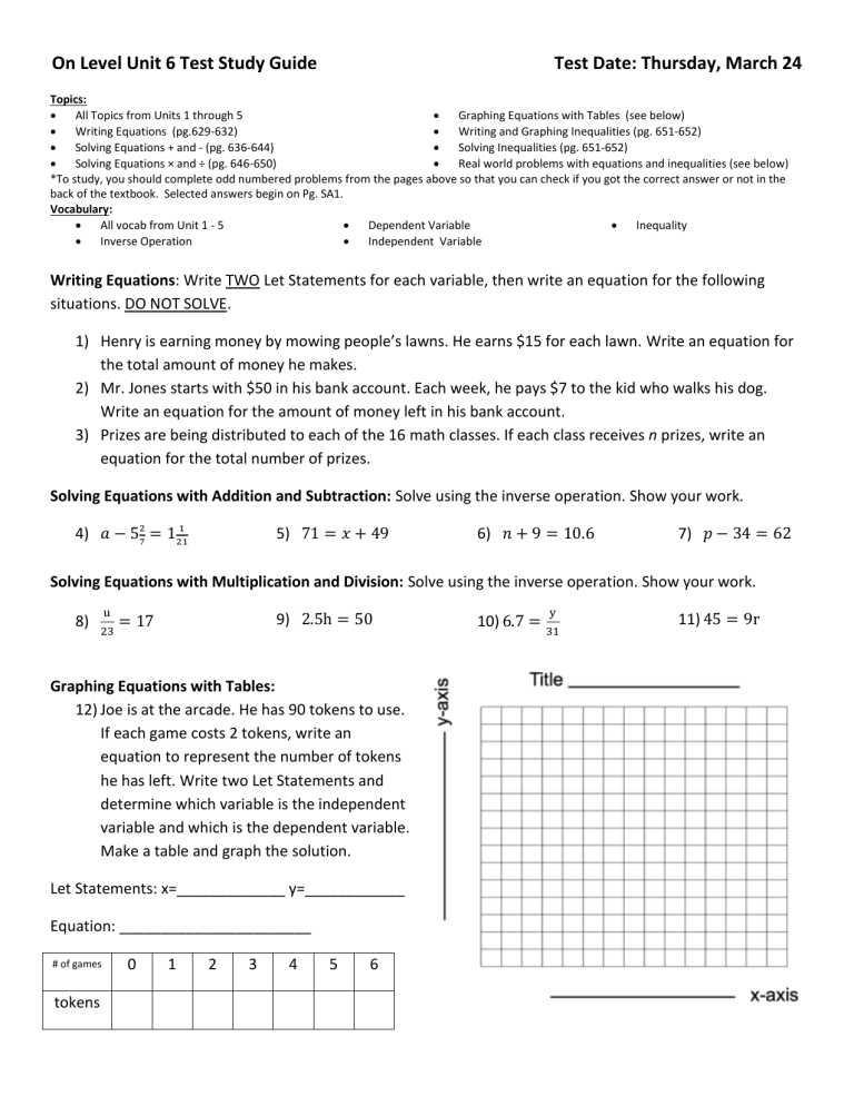 On Level Unit 6 Test Study Guide