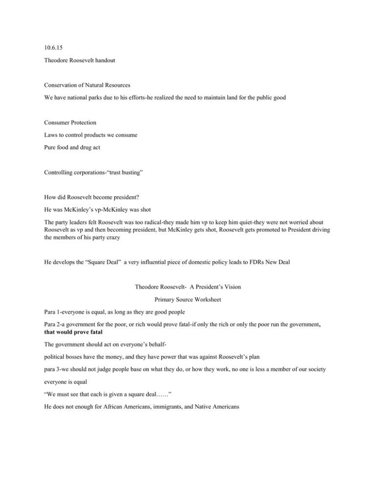 10 6 15 Theodore Roosevelt Handout Conservation Of Natural Resources