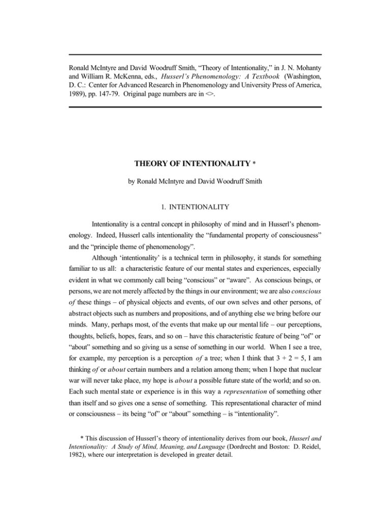 Ronald McIntyre And David Woodruff Smith, “Theory Of Intentionality ...