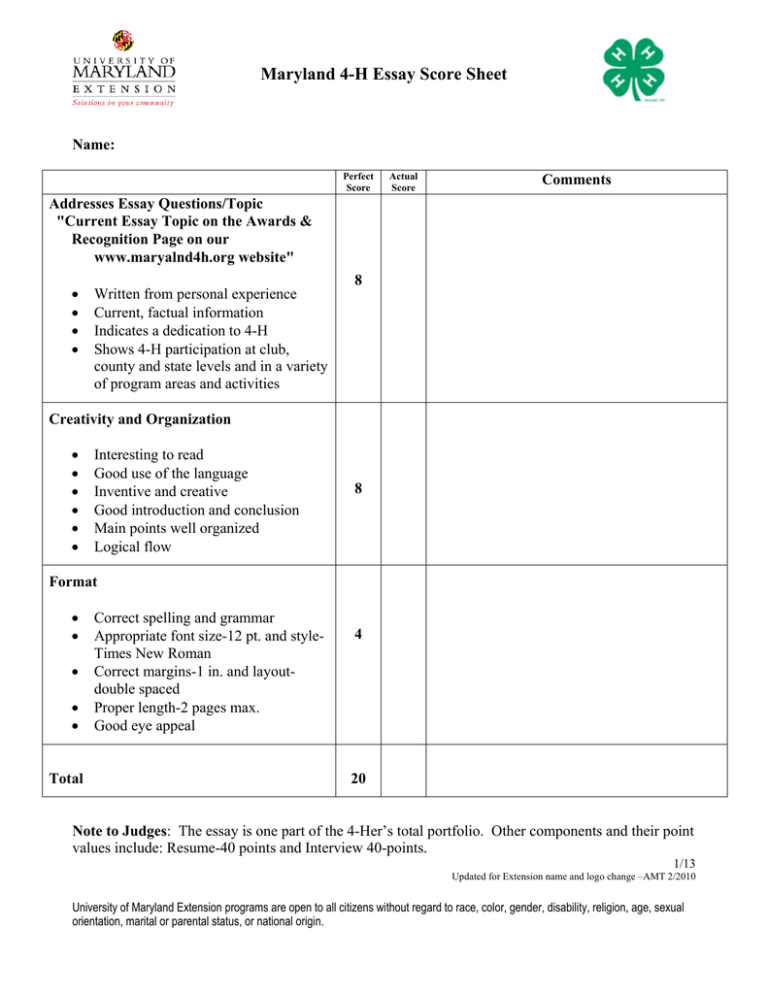 Maryland 4 H Essay Score Sheet