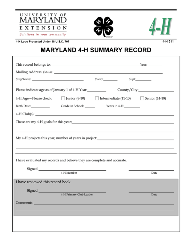 MARYLAND 4 H SUMMARY RECORD