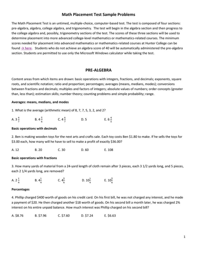 Math Placement Test Sample Problems