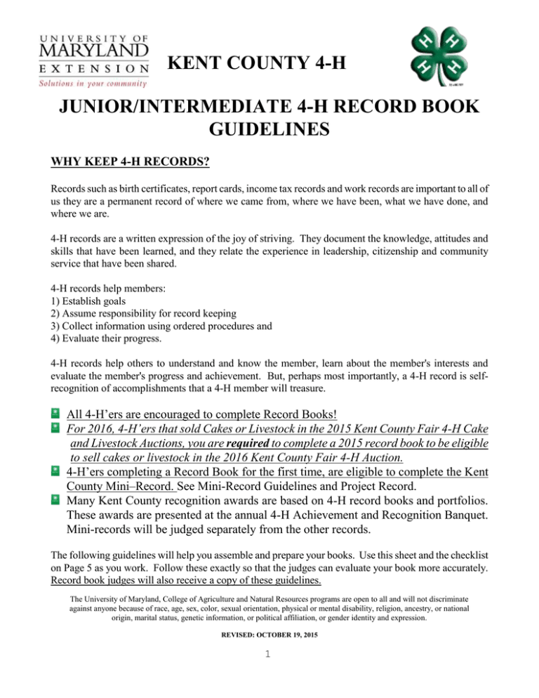 KENT COUNTY 4H JUNIOR/INTERMEDIATE 4H RECORD BOOK GUIDELINES