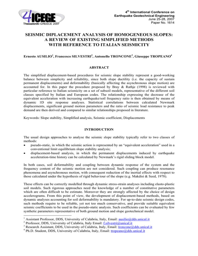 SEISMIC DIPLACEMENT ANALYSIS OF HOMOGENEOUS SLOPES WITH REFERENCE TO