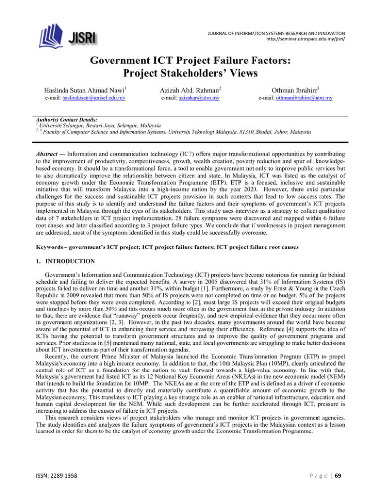 Government ICT Project Failure Factors: Project Stakeholders’ Views