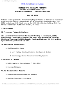NOTICE OF A  REGULAR MEETING OF THE BOARD OF TRUSTEES