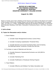 NOTICE OF A MEETING OF THE FINANCE COMMITTEE OF BOARD OF TRUSTEES