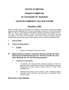 NOTICE OF MEETING FINANCE COMMITTEE OF THE BOARD OF TRUSTEES