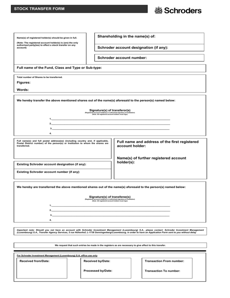 Shareholding In The Name s Of STOCK TRANSFER FORM