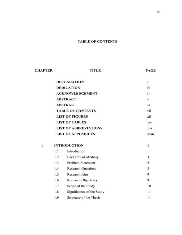 thesis table of contents in research