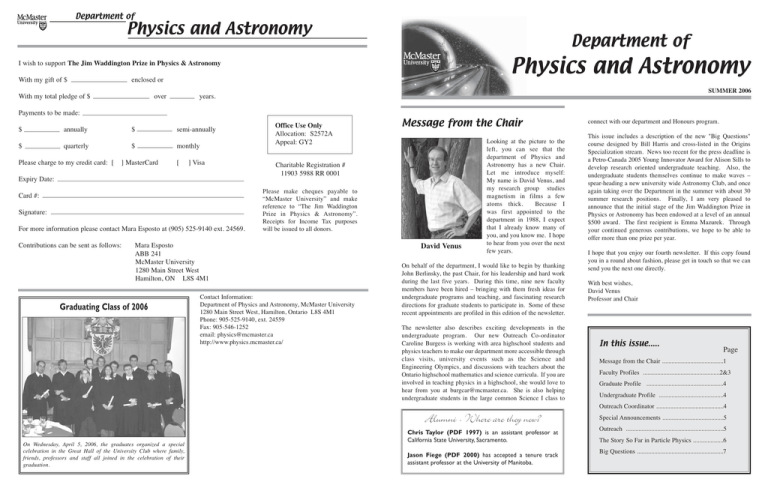 Physics And Astronomy Department Of Message From The Chair