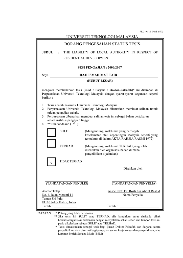 Universiti Teknologi Malaysia Borang Pengesahan Status Tesis