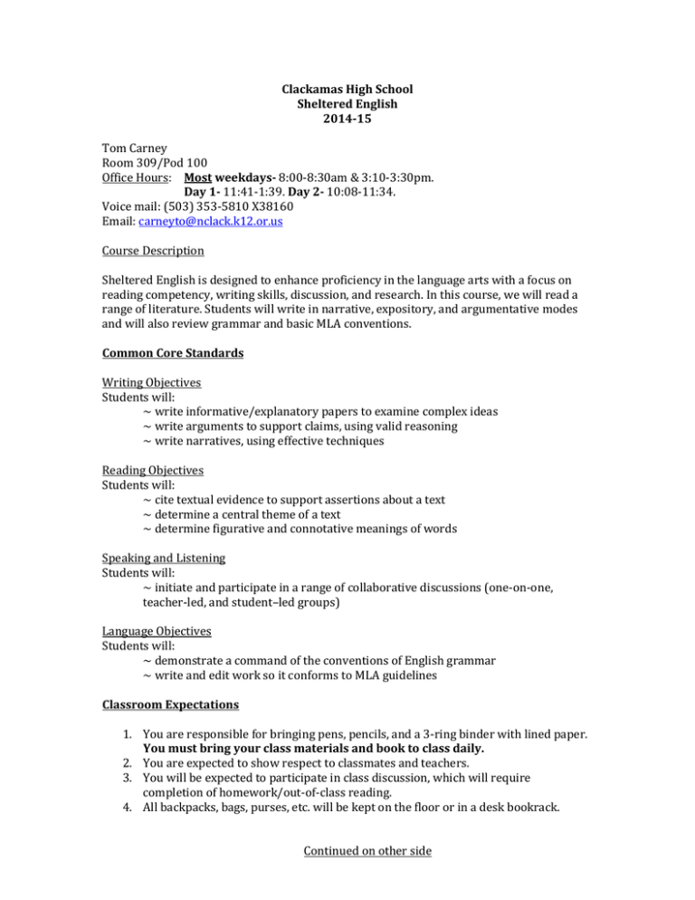 Sheltered English Course Syllabus