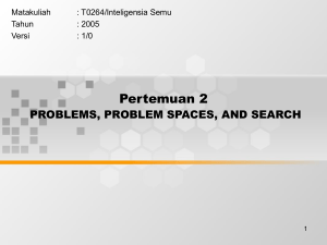 Pertemuan 2 PROBLEMS, PROBLEM SPACES, AND SEARCH Matakuliah : T0264/Inteligensia Semu