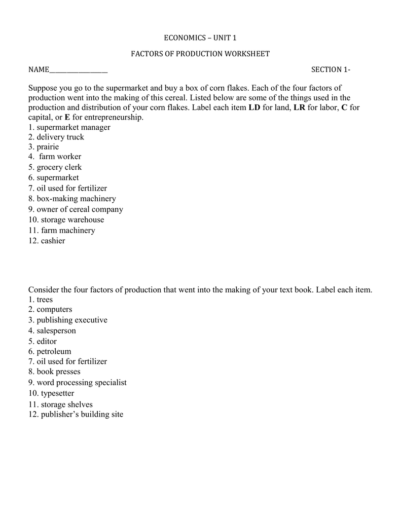 FOP HW Throughout Factors Of Production Worksheet