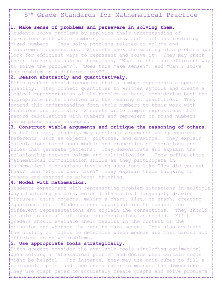 Fifth Grade Standards For Mathematical Practice