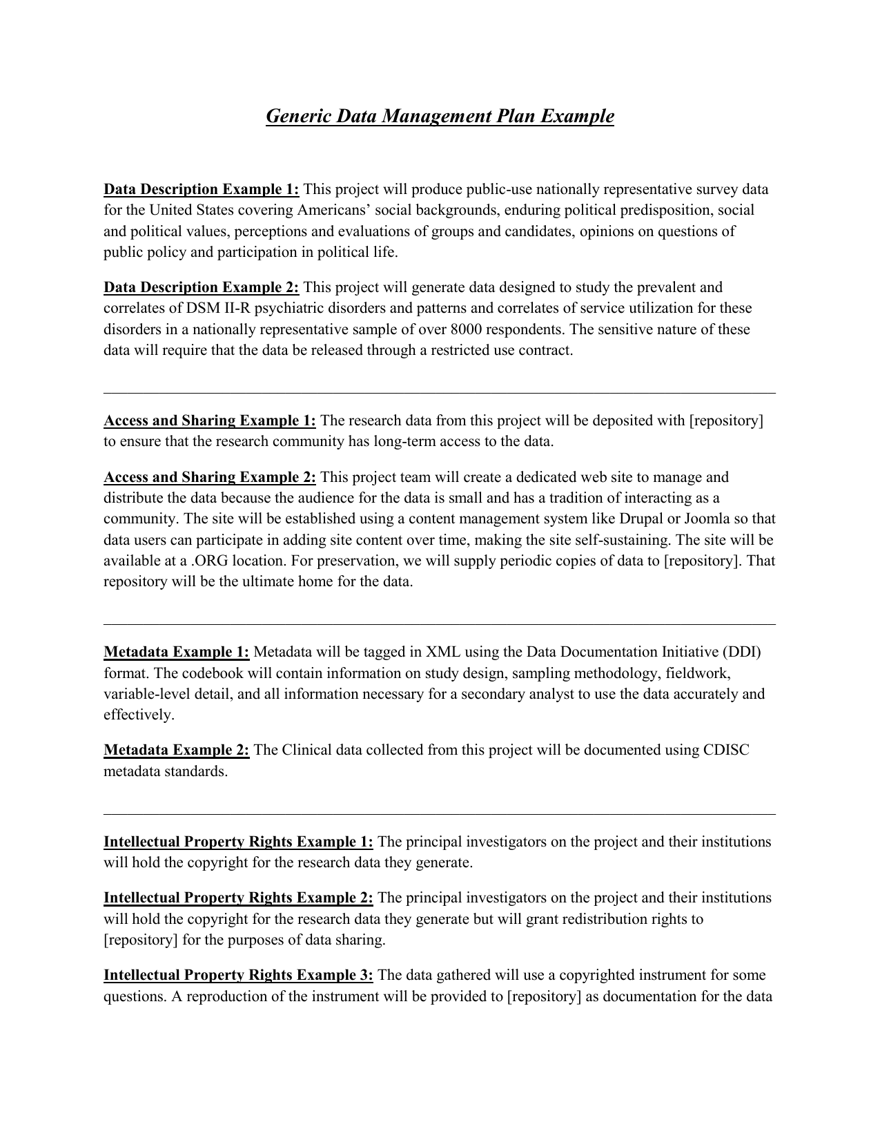 Generic Data Management Plan Example