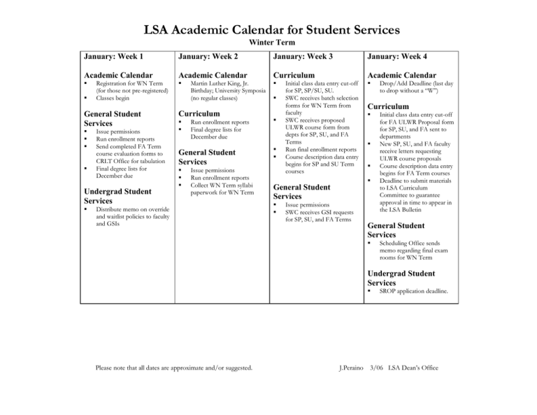 LSA Academic Calendar for Student Services Winter Term (Word document)