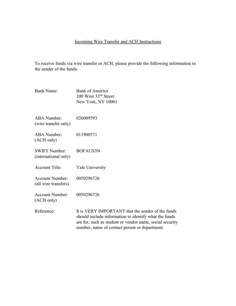 Incoming Wire Transfer And ACH Instructions