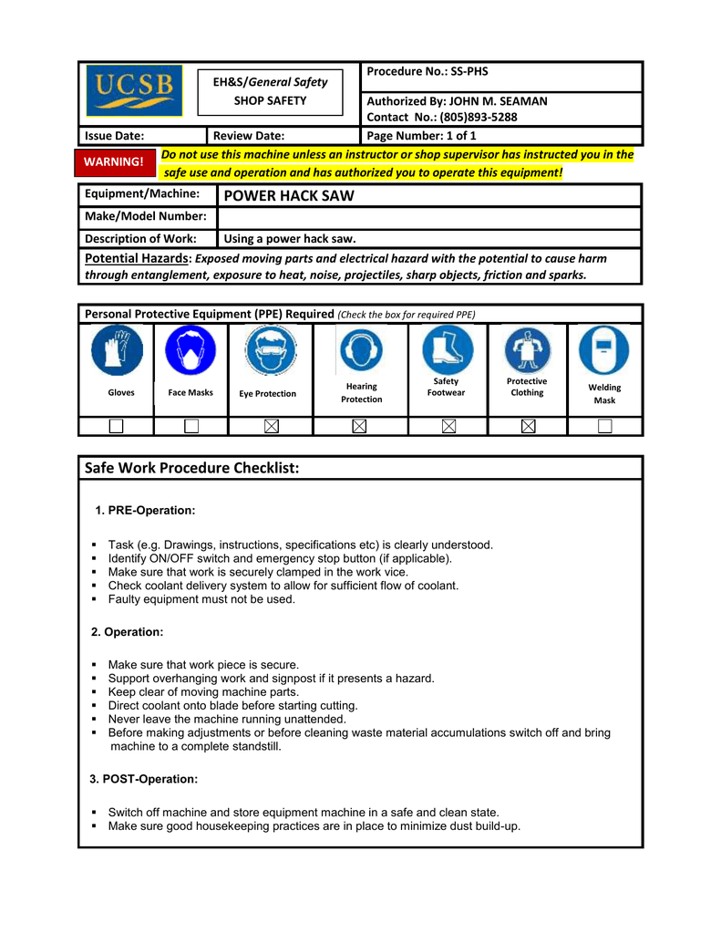 Safe Work Procedure Template