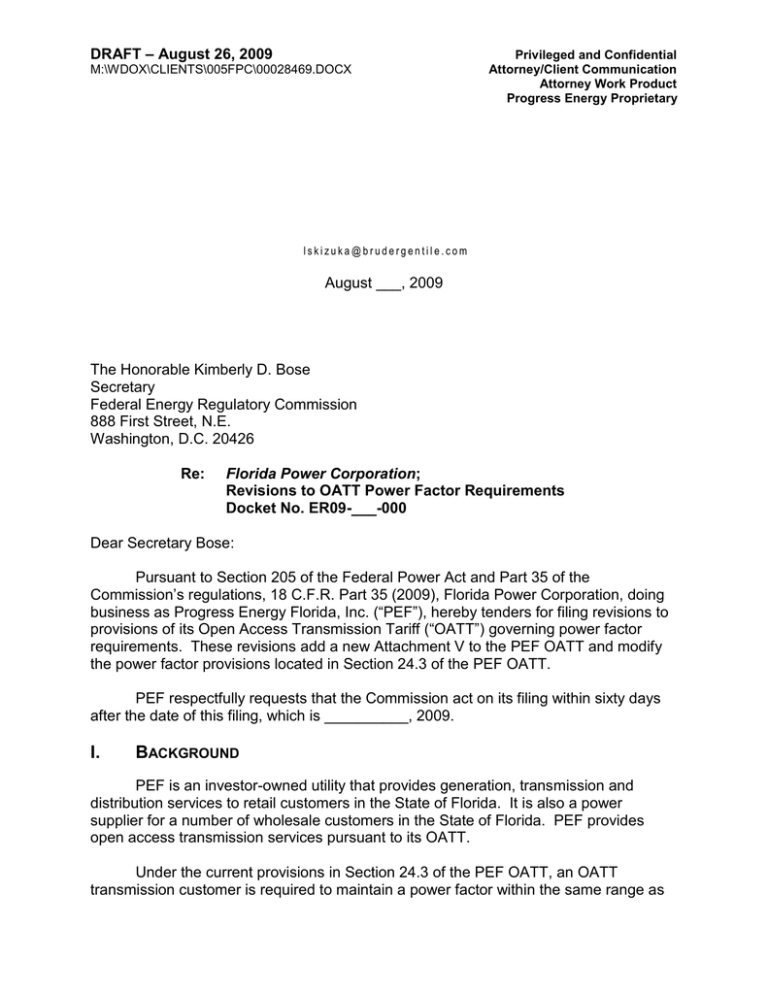 August 2009 DRAFT FERC Filing Letter Re PEF Policy For Power Factor 