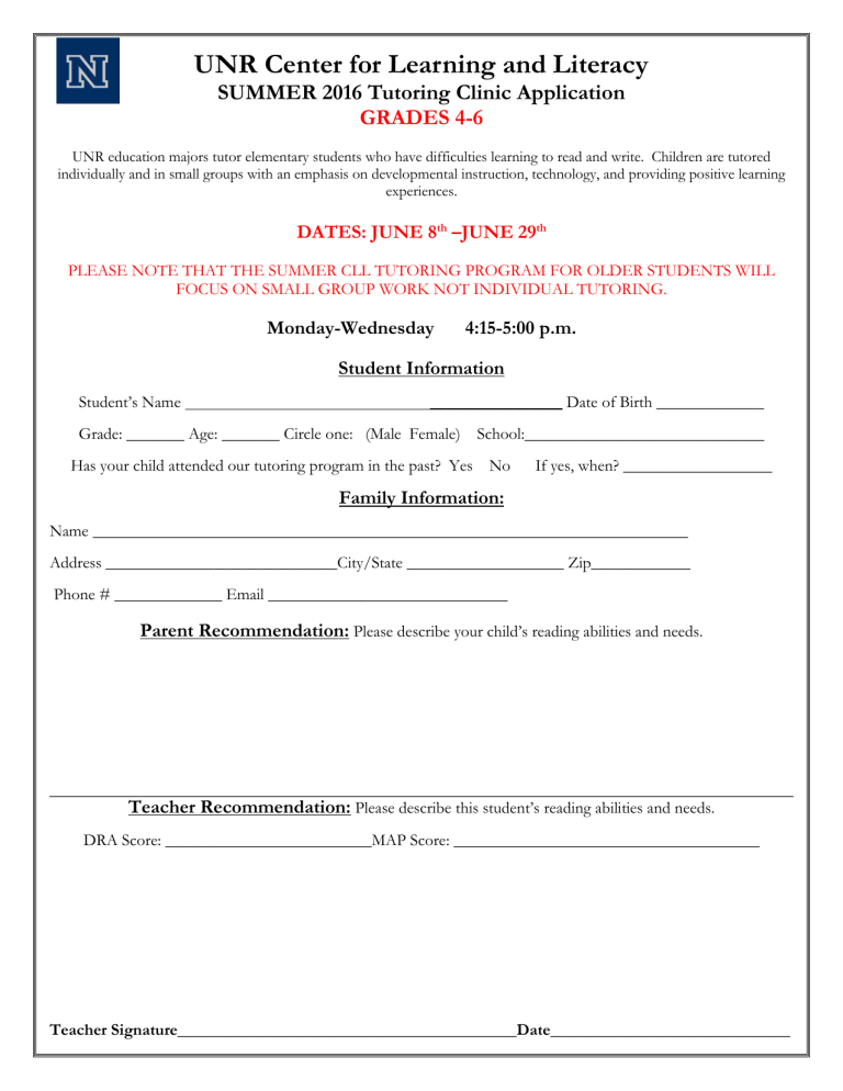 Grades 4 6 Summer Tutoring Registration Form