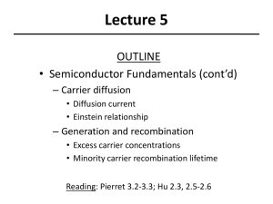 Lecture 5 OUTLINE • Semiconductor Fundamentals (cont’d) – Carrier diffusion