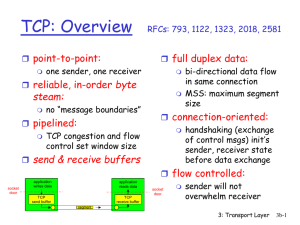 TCP: Overview point-to-point: full duplex data: byte