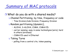 Summary of MAC protocols Channel Partitioning, by time, frequency or code