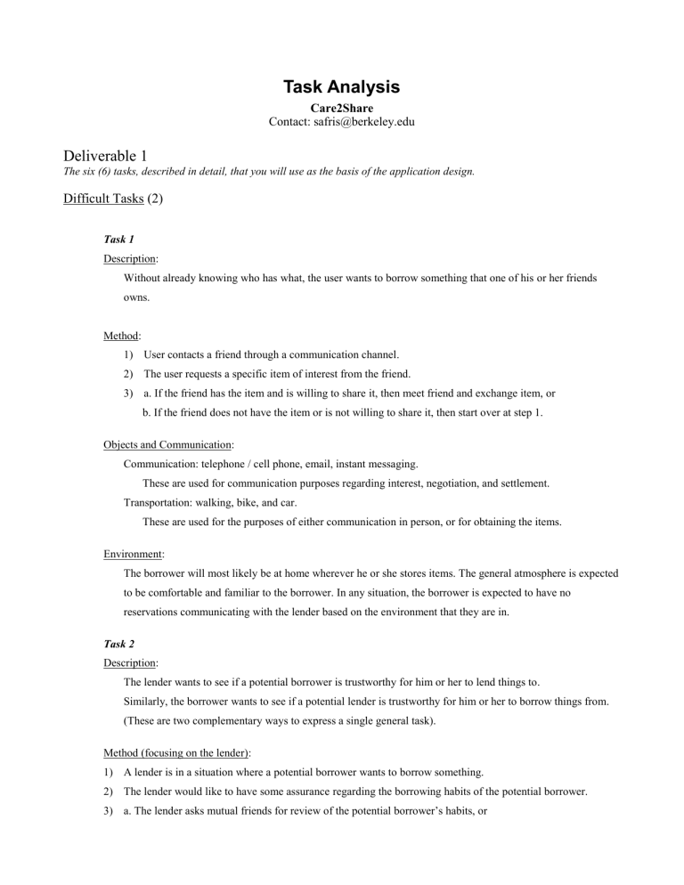 Task Analysis Deliverable 1 Difficult Tasks 2 