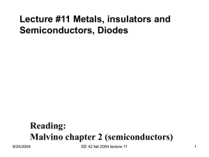 Lecture #11 Metals, insulators and Semiconductors, Diodes Reading: Malvino chapter 2 (semiconductors)